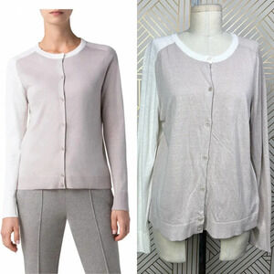 Akris Punto Cardigan Sweater Linen-BlendContrast Light Taupe Cream Size US‎ 10